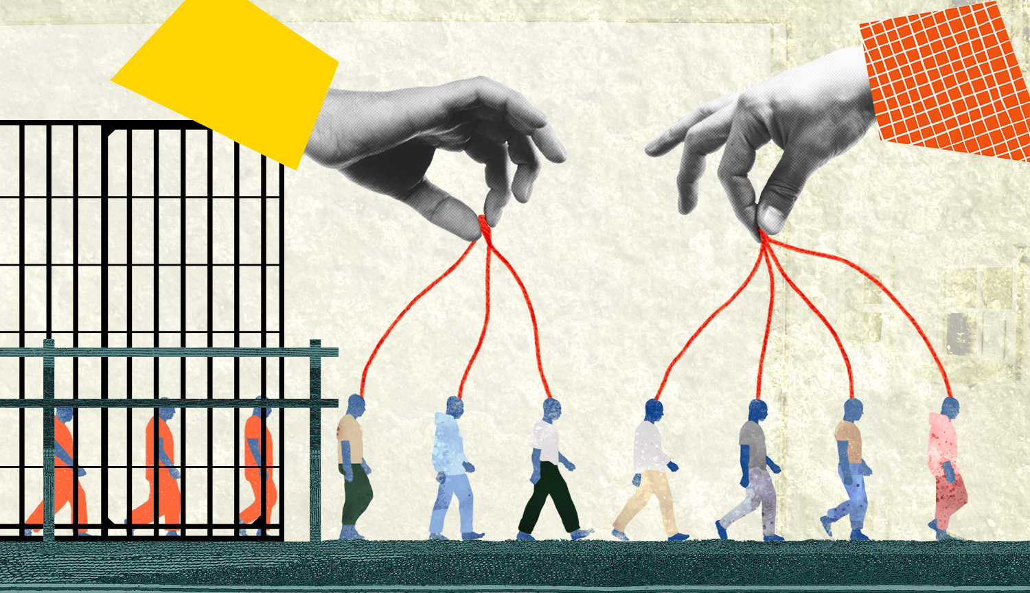 Illustration shows a line of prisoners walking out of a cage. Once they leave, strings connect each convict to overhead hands, reflecting continued supervision on parole and probation.