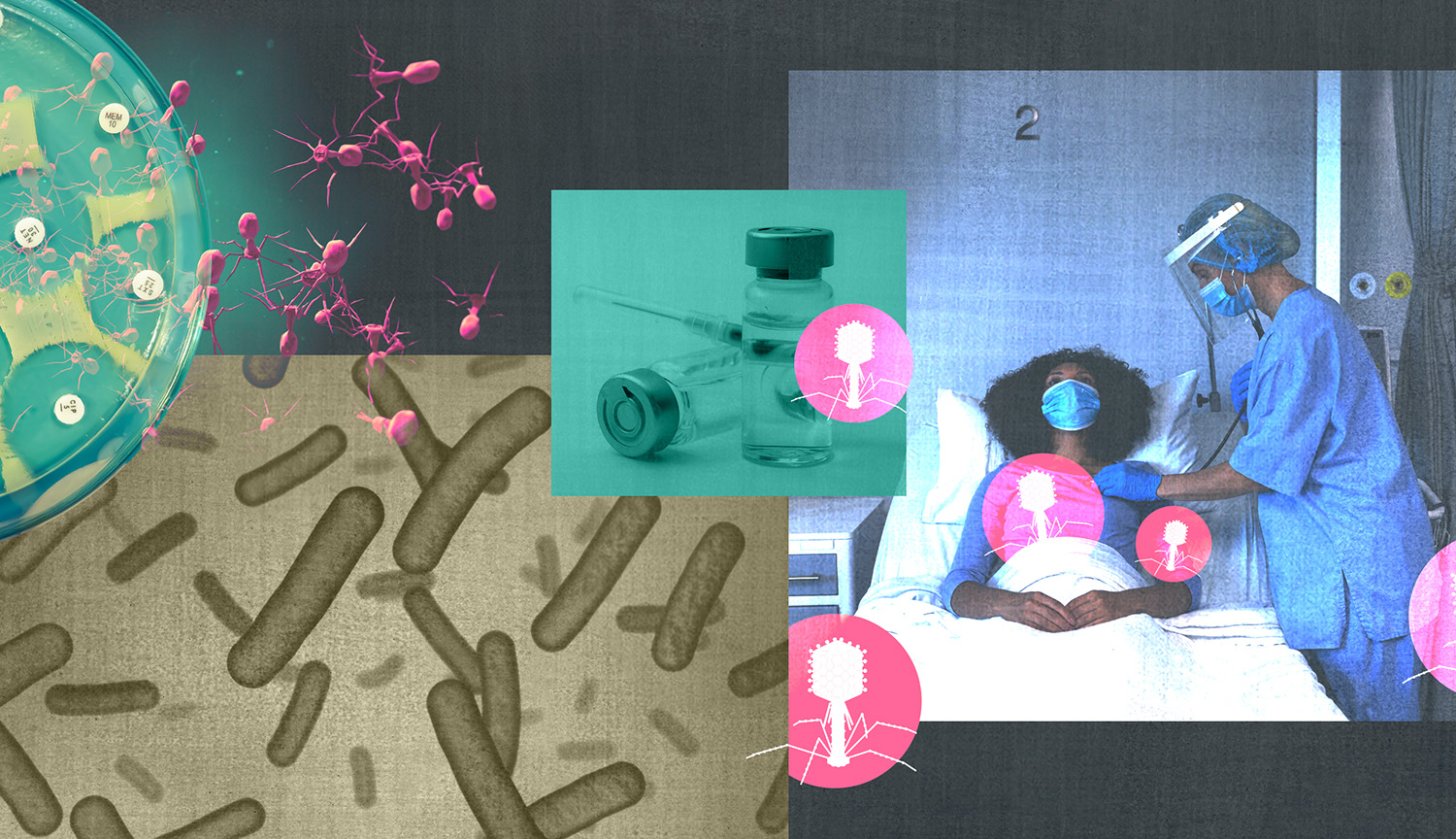 Collage with images of hospital, bacteria, viruses. Patient and healthcare worker.