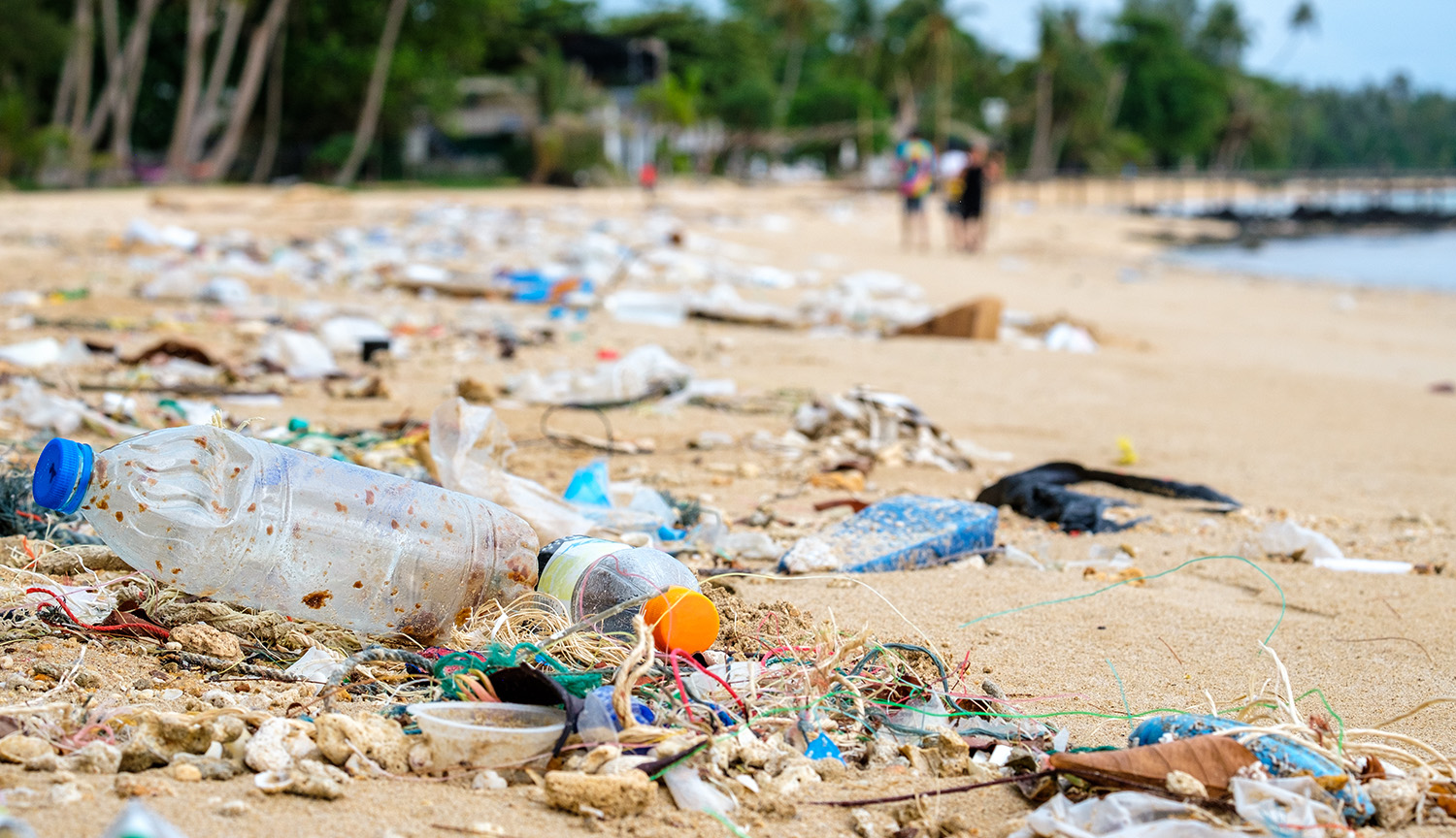 Photo of a beach with various kinds of plastic, including a bottle, littering the sand.