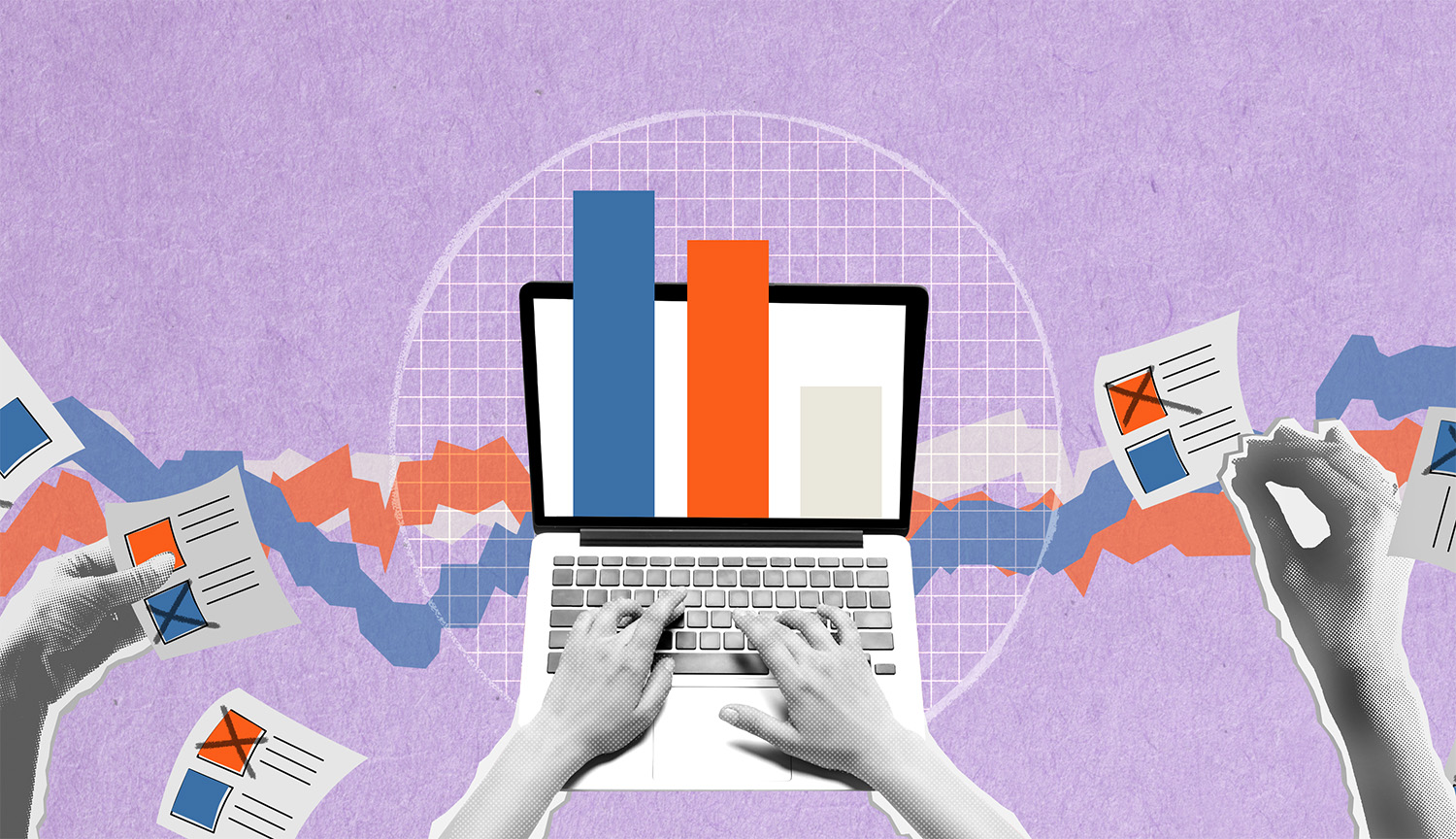 Hands type at a computer with bar graphs on screen, other hands hold questionnaires.