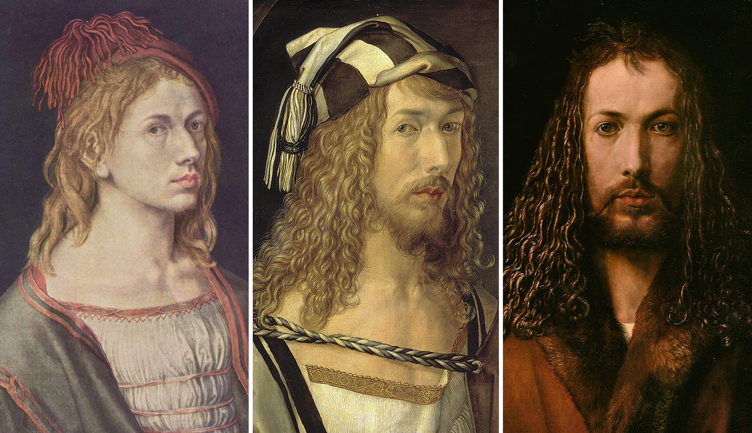 Five self-portraits by Albrecht Dürer arranged in chronological order.