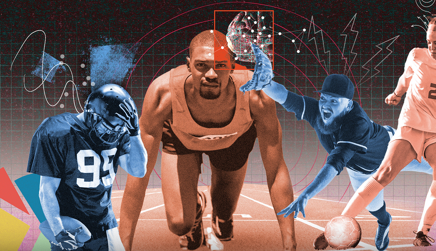 A collage of athletes featuring a dismayed football player, a focused soccer player, a runner at the starting line and a baseball player diving for the ball