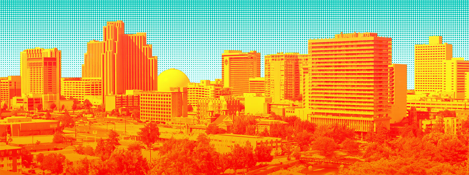 Photo illustration shows aerial view of Reno’s skyscrapers, roads and some trees in the foreground. Overlaid with orange to suggest heat.