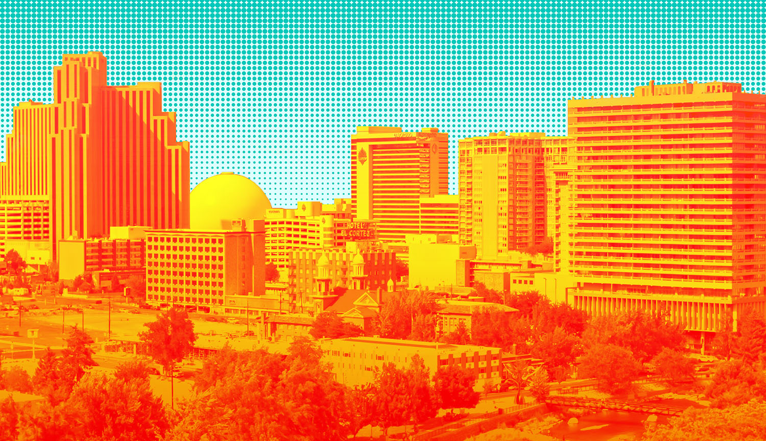 Photo illustration shows aerial view of Reno’s skyscrapers, roads and some trees in the foreground. Overlaid with orange to suggest heat.