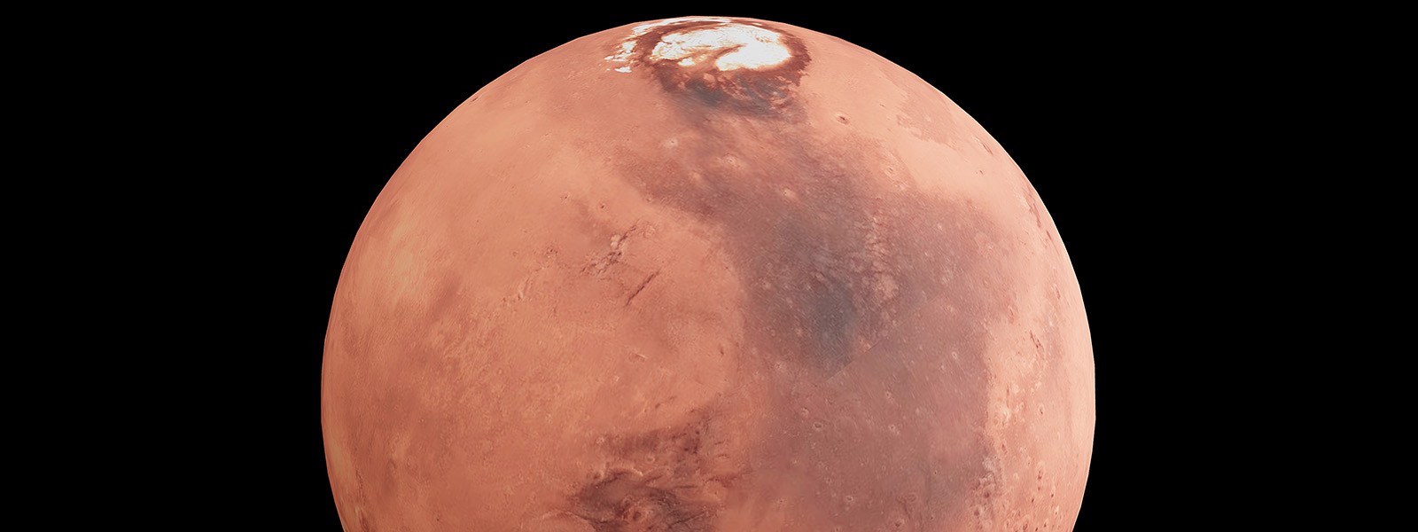  Mars has polar ice caps that are kilometers thick. The north pole is shown in this computer-generated 3D model of the planet. The quest to send human