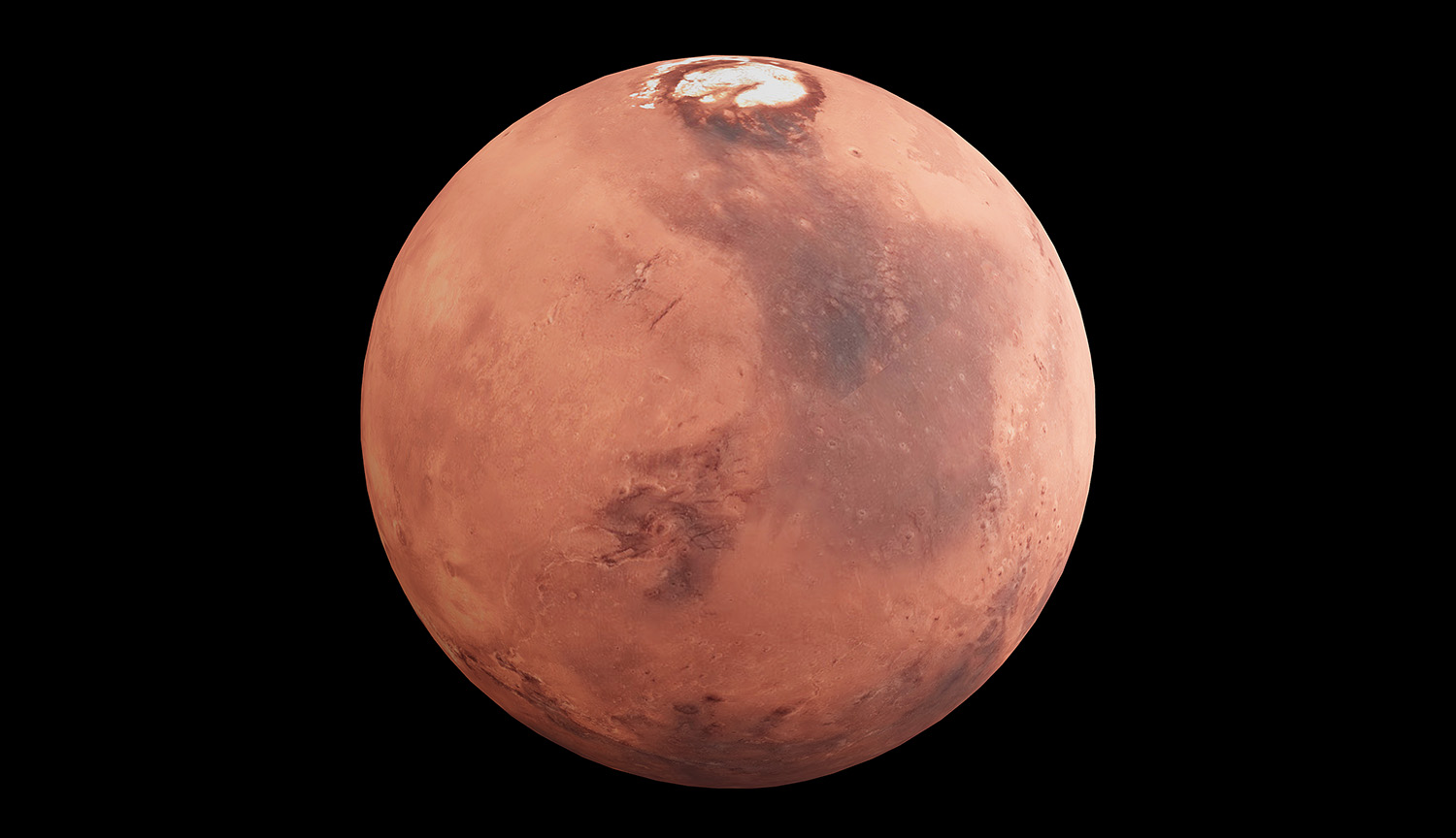 A 3D visualization shows an orbiter’s view of Mars with a prominent region of white ice visible atop the planet.