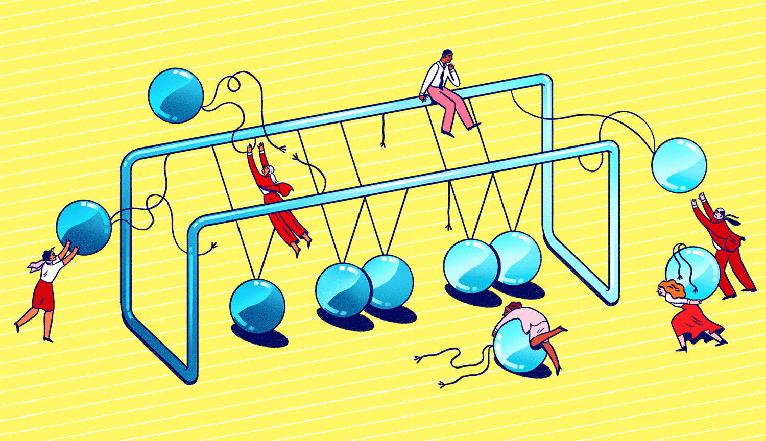 Drawing of tiny people holding, carrying and trying to push the metal balls of an outsized Newton’s cradle.