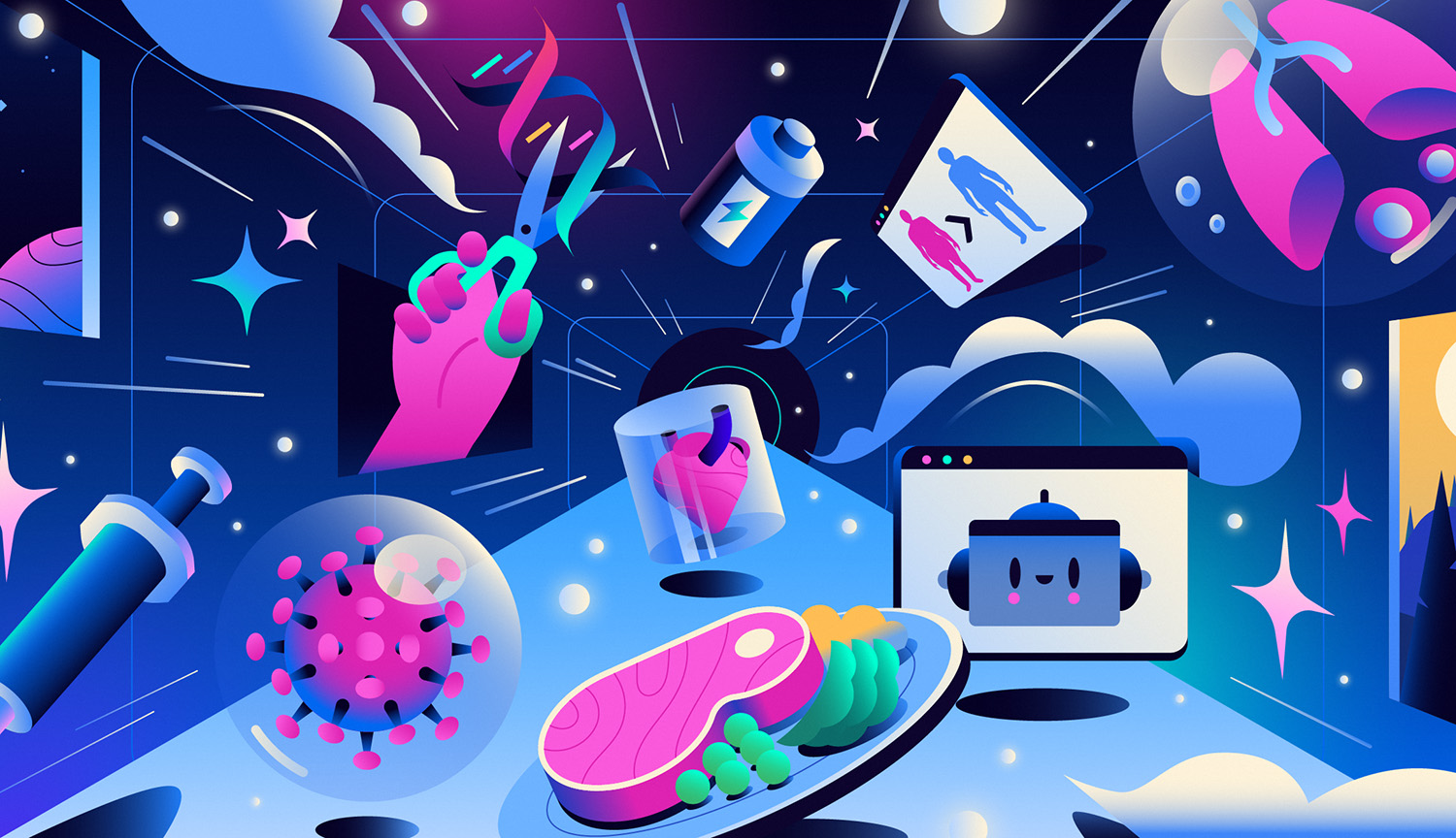 Conceptual illustration in bright colors includes syringe, the moon, meat, ocean waves, a virus, flames, a battery and more.