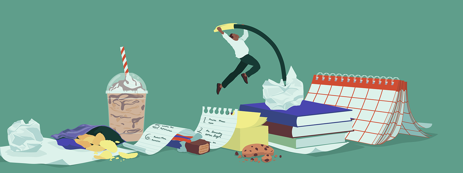 Conceptual illustration shows a person vaulting over a book and calendar away from bad habits and poor willpower, as depicted by unhealthy food and money and scrunched-up paper.